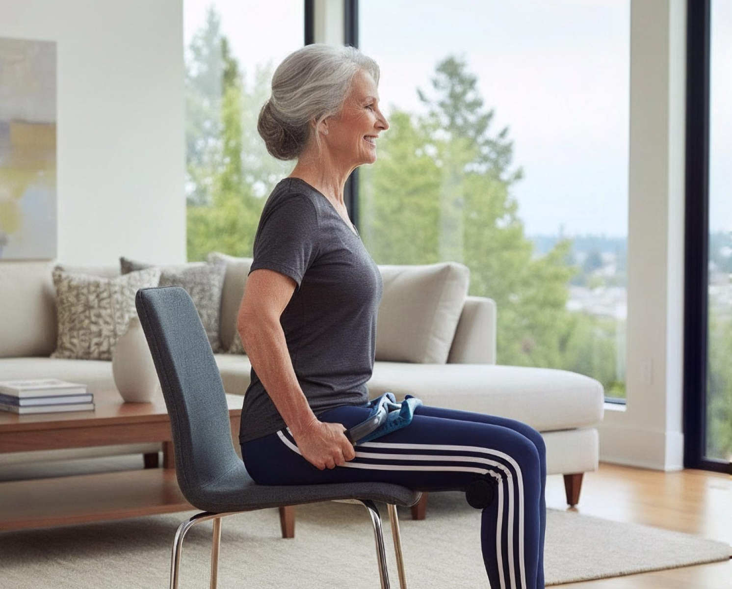 A woman casually seated in a chair with the P2 Back Stretcher